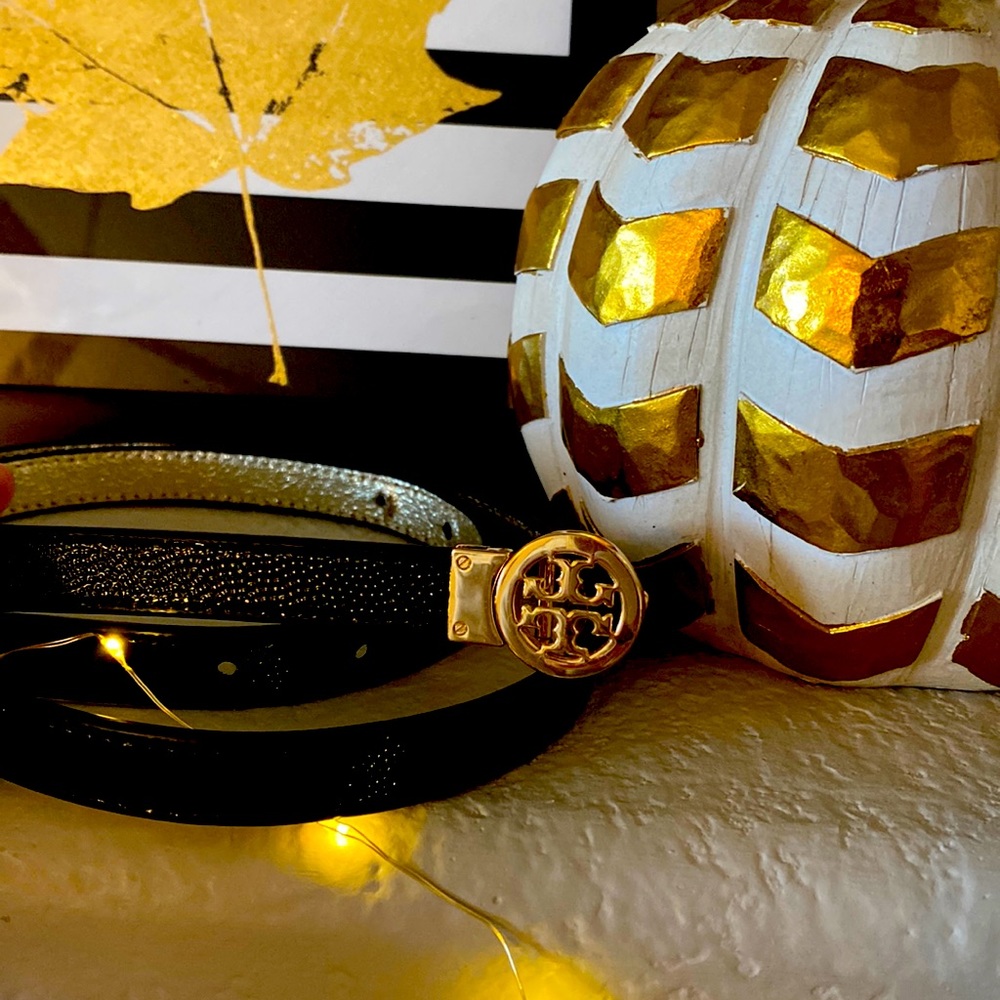 Tory Burch Skinny Belt Logo Reversible Black and Gold
